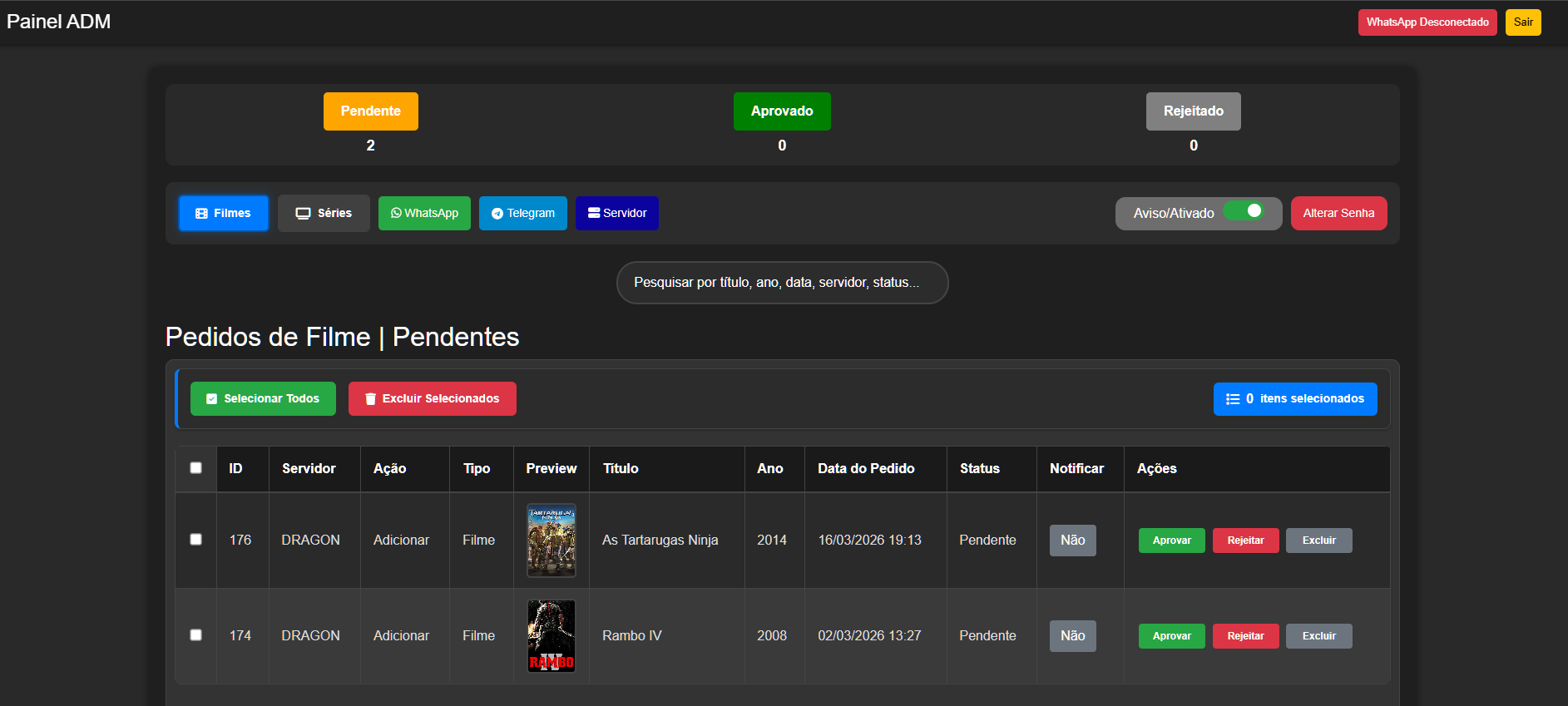 SCRIPT GESTOR DE PEDIDOS DE FILMES E SÉRIES